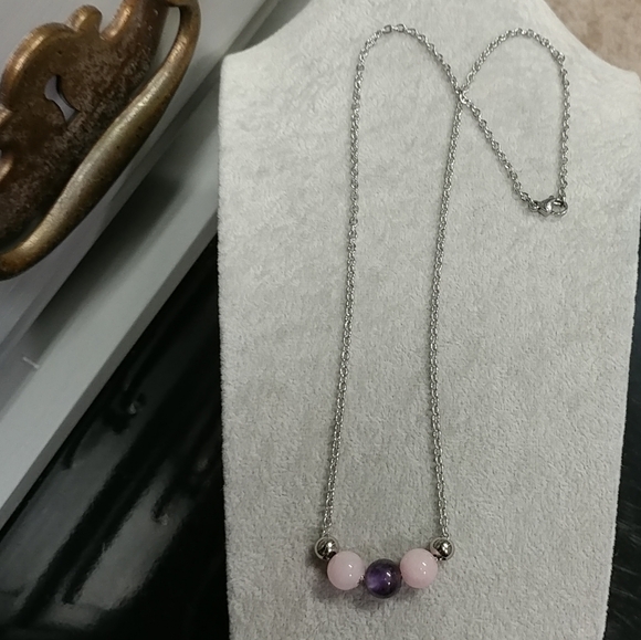 Rose Quartz Amethyst Three Bead Necklace Natural Gemstone Crystal StainlessSteel - Picture 11 of 11